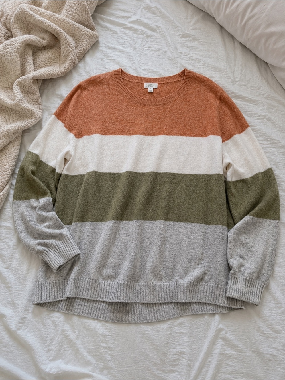 Market & Spruce women Striped Crewneck Sweater in Tan, Cream, Olive & Light Gray